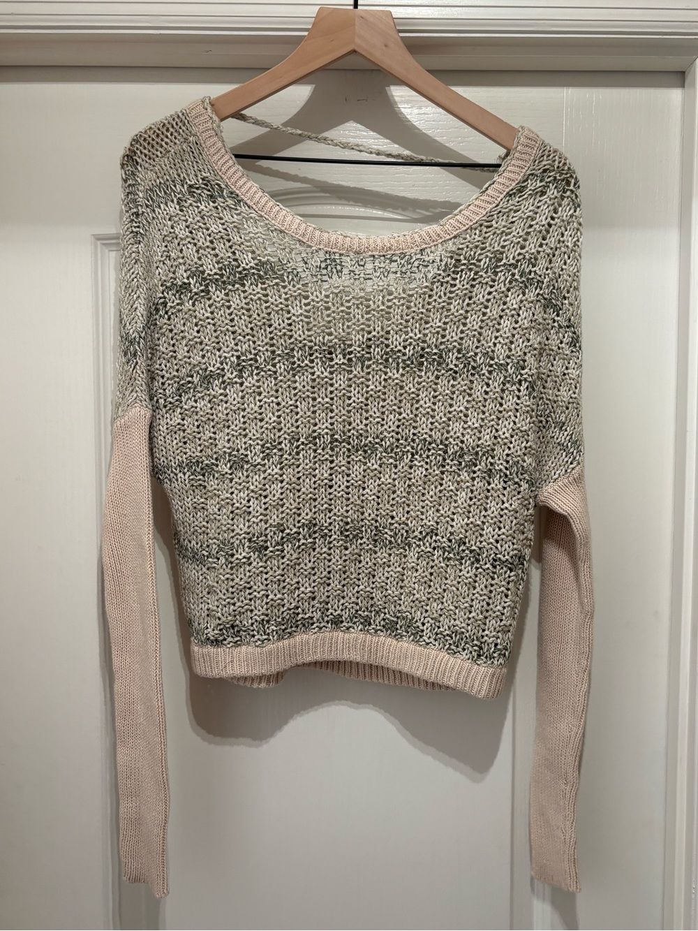 Women’s Free People tan/green striped weave knit sweater scoop back size M